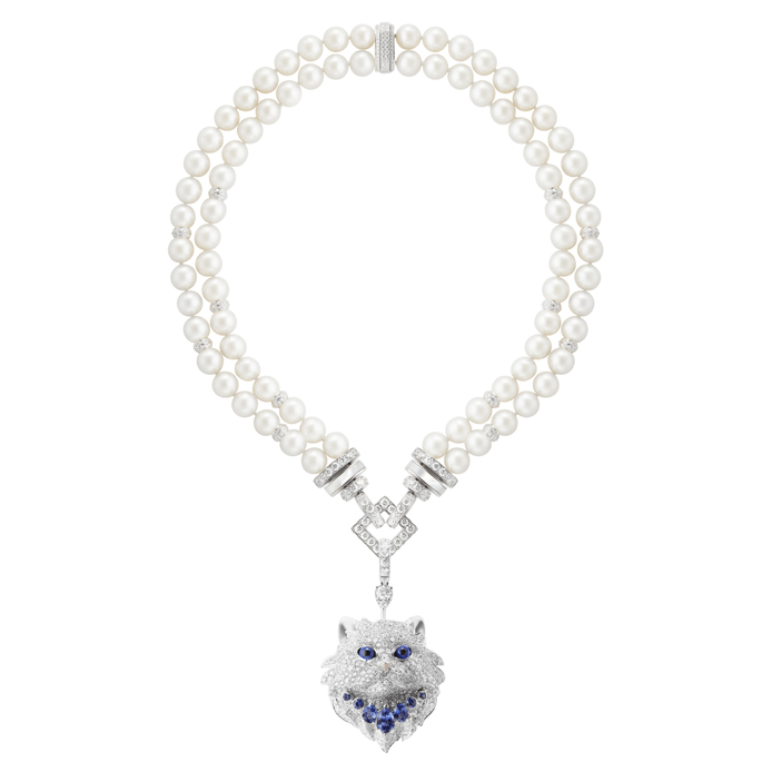Wladimir The Cat necklace in white gold, tanzanite, sapphire, mother-of-pearl, pearl and diamond