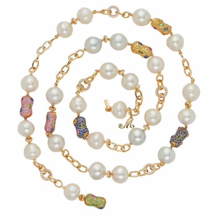 Tribal Chic Pearl necklace in gold, sapphire, tsavorite, Australian South Sea pearl and diamond