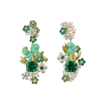 Diorama & Diorigami earrings in gold, emerald, sapphire, tsavortite garnet, cultured pearl, chrysoprase and diamond