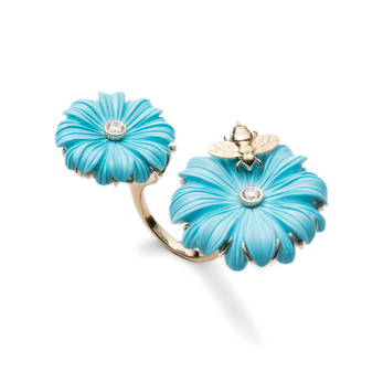 Double Wildflower & Bee ring with reconstituted turquoise and diamonds in 18k gold