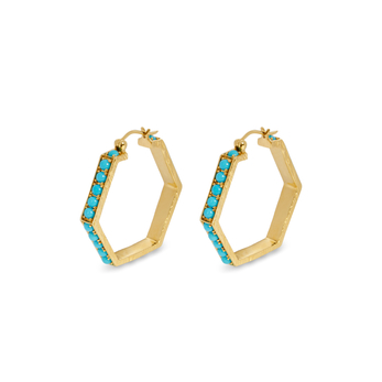 Blue Hexagon II Hoop earrings with turquoise beads in 18k gold