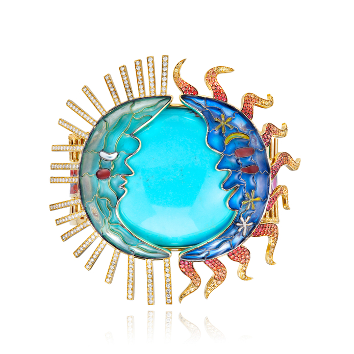 Eclipse bracelet with yellow and orange sapphires, turquoise, diamonds and enamel in 18k gold