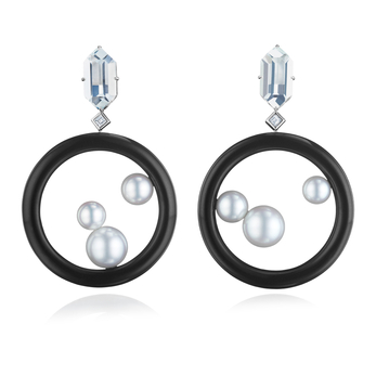 Earrings with goshenite, black jadeite, South Sea pearls and diamonds in platinum 