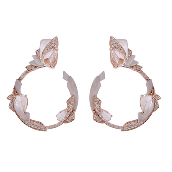 Mogra Hoop earrings with a 2.6 - carat pink tourmaline, mother-of-pearl and diamonds in 18k rose gold