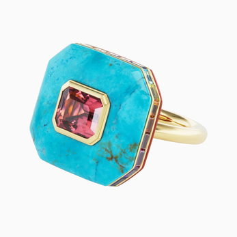 Balance ring with a 3.8 - carat pink tourmaline, turquoise, red jasper and rainbow sapphires in gold 