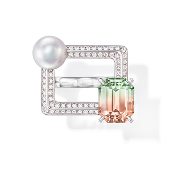 Linkage ring with an Akoya pearl, bicolour tourmaline and diamonds in 18k white gold