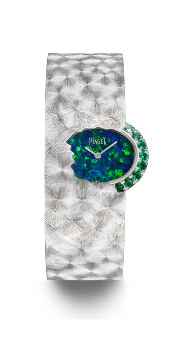 Limelight High Jewellery Cuff watch with a black opal dial and emeralds in 18k white gold