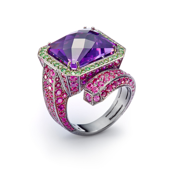 Mattioli ring with a fancy cut amethyst, pink sapphires and tsavorites