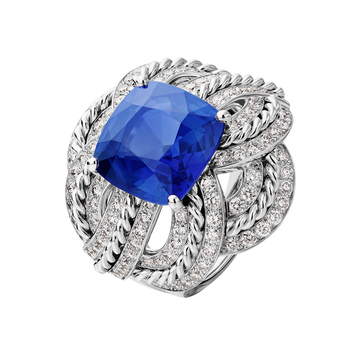 Chanel Azurean Braid ring from Flying Cloud collection in 18K white gold set with a cushion-cut blue sapphire of 11.49carats and 112 brilliant-cut diamonds
