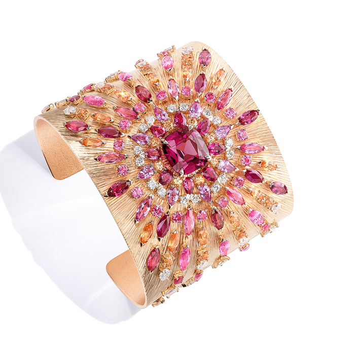 Piaget Viva L'Arte cuff bracelet from Sunlight Journey collection with 6.68cts cushion cut spinel, sapphires and spessartine garnets set in pink gold