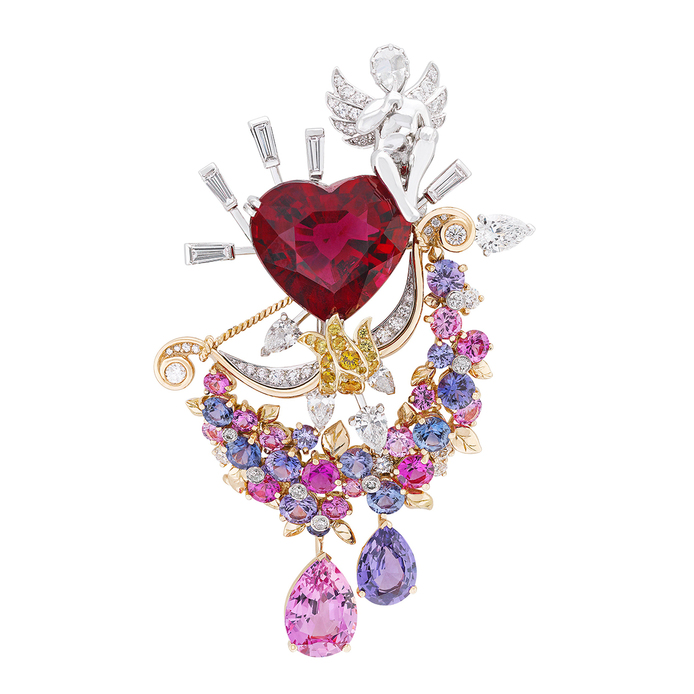 Van Cleef&Arpels  Secret de Amoureaux clip with a pear-shaped orangy-pink sapphire of 2.74 carats from Sri Lanka is paired with a pear-shaped violet sapphire of 1.36 carats, a heart-shaped rubellite of 12.04 carats, with diamonds and sapphires