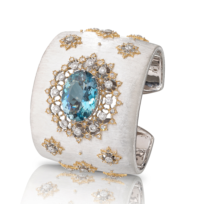 Buccellati Oasi cuff bracelet with an oval aquamarine and approximately 160 diamonds