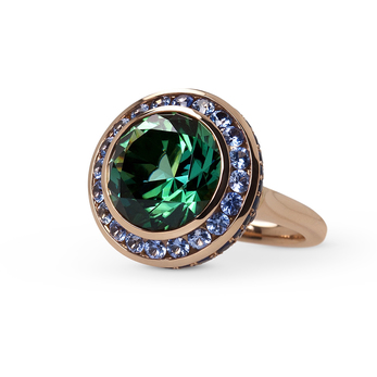 Ming Lampson Flower Bud ring with 8.64 carat green Afghani tourmaline and blue sapphires set in rose gold