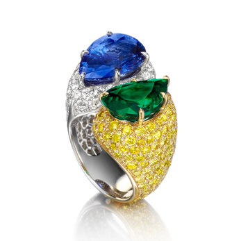 House of Tabbah emerald and sapphire ring with colourless and yellow diamonds