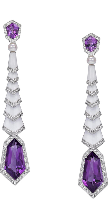 AVAKIAN Gatsby collection earrings with amethysts, enamel, pearls and diamonds