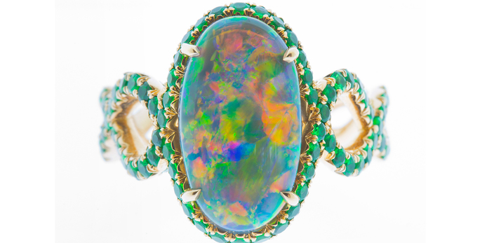 Antonio Seijo Оne-of-a-kind cocktail ring with 2.95cts black opal and 141 tsavorites