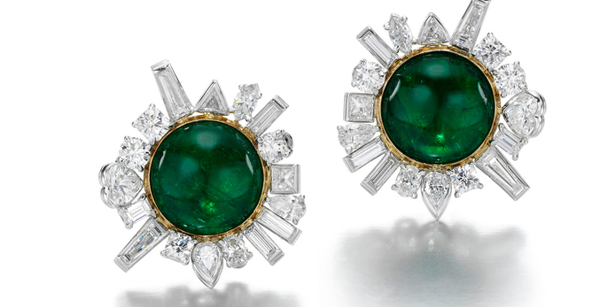 Jessica McCormack Flotsam & Jetsam Earrings from the Perfect Storm collection set with a central cabochon emerald and 3.65 carats of heart, marquise and baguette cut diamonds