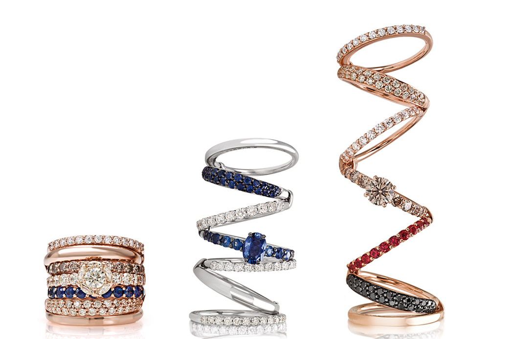 Giovanni Ferraris 'Divina' rings with diamonds, sapphires and rubies in 18k white gold and rose gold
