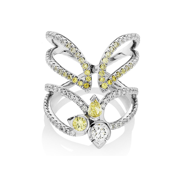 Raleigh Goss 'Astraeus' ring with fancy yellow and colourless diamonds in 18k white gold