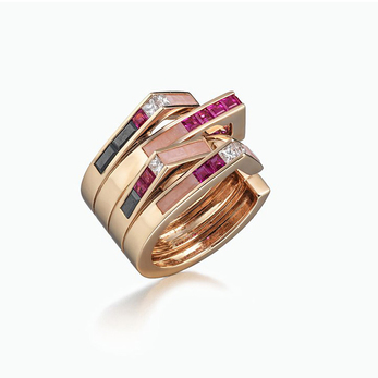 Tomasz Donocik 'Stellar' ring with Pink Opal, White Agate, Mozambique Ruby, Hematite and colourless Diamonds in 18k rose gold