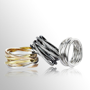 Caratell 'Love Nest' rings with diamonds, 18k white gold, 18k yellow gold, 18k rose gold and platinum