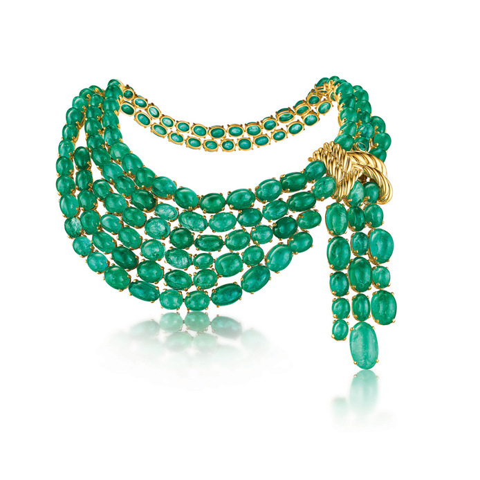 Verdura scarf necklace with cabochon emeralds set in yellow gold