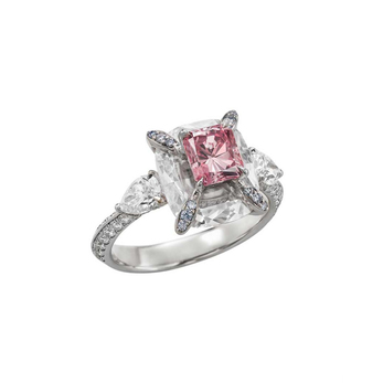 Boghossian 'Kissing Diamonds' ring with fancy intense pink radiant cut 1.06ct diamond inlaid in large colourless diamond