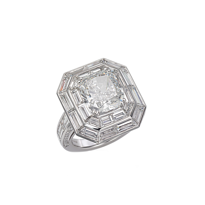 Picchiotti 'Decoratif' cushion cut feature stone with baguette cut double halo ring from Bridal collection