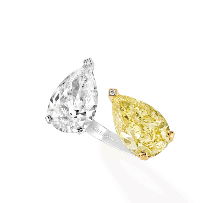 Messika 'Toi et Moi' fancy vivid yellow and colourless pear cut diamond ring