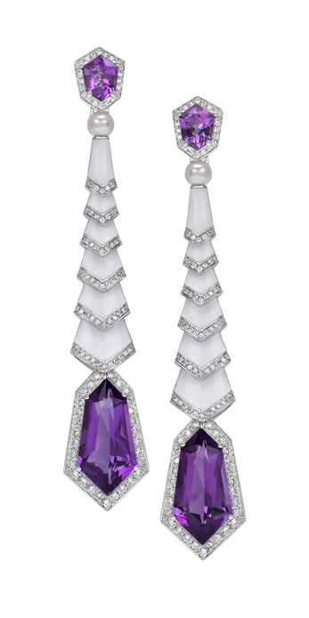 Avakian 'Gatsby' transformable drop earrings in white enamel with amethysts and diamonds