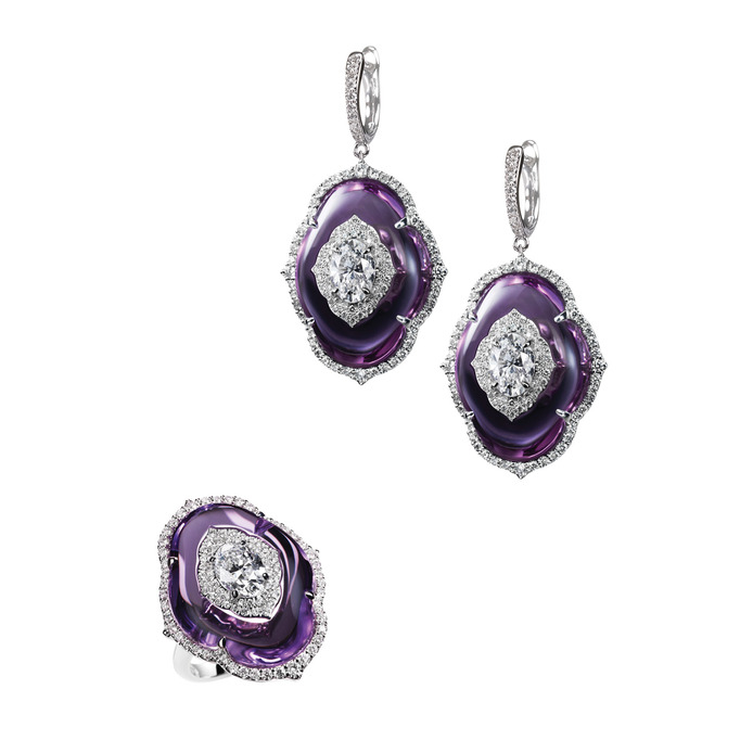 Boghossian ring and earring Art of Inlay set featuring diamond inlaid into amethyst
