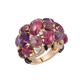 Cartier ring with carved gemstones in 18k pink gold, with rubellites, amethysts, garnets, onyx and diamonds 