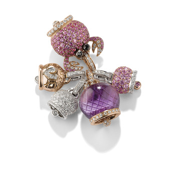 Chantecler Bells selection of fine jewellery charms set in 18k white and yellow gold, with pink sapphires, amethyst and diamonds 