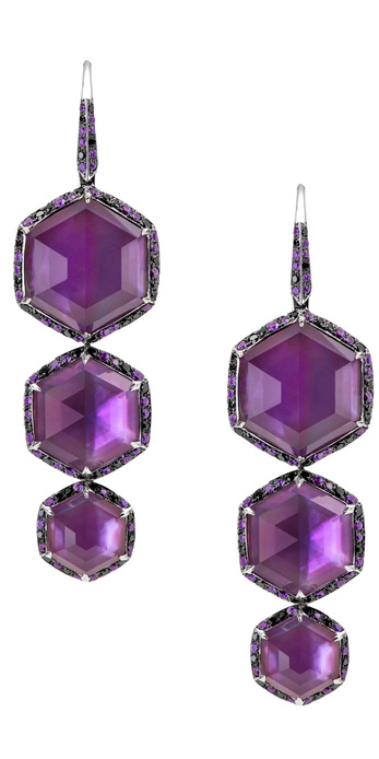 Stephen Webster 'Deco-Haze' drop earrings set in 18k white gold with amethyst, pink sapphires and black diamonds