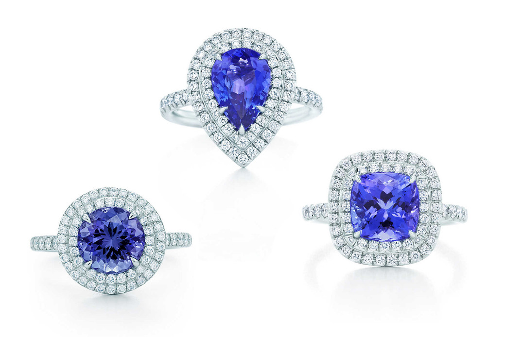 Tiffany & Co. 'Soleste' rings, featuring cushion, round brilliant and pear cut tanzanite with diamond halo settings