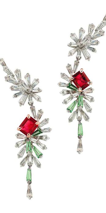 Caratell 'Firework' collection red beryl, green garnet and diamond drop earrings