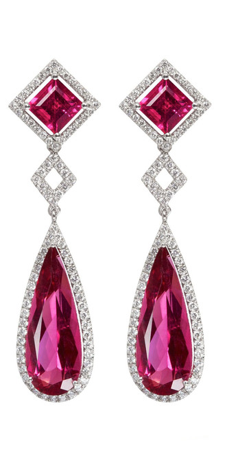 Tayma earrings in 18k white gold with rubellites and diamonds 