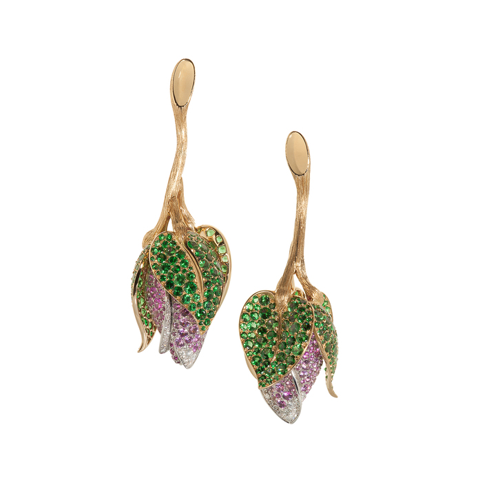 NUUN 'Blossom' earrings with 1.70 ct diamonds, sapphires, and tsavorites in 18k yellow gold

