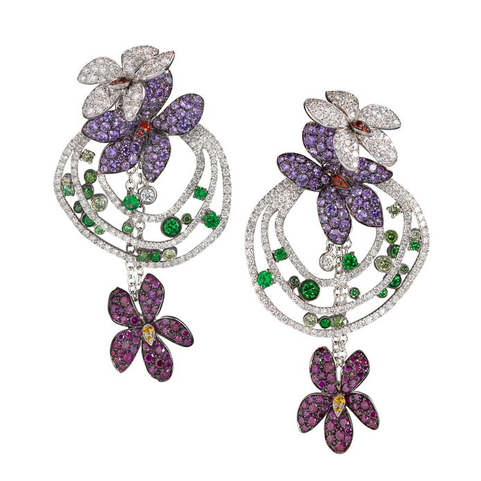 Palmiero 'Violet' earrings in colourless diamonds, sapphires and semiprecious stones on 18k white gold