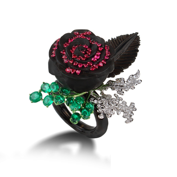 Bina Goenka ring with 0.78ct Burmese ruby, emeralds, colourless diamonds, petrified wood and black coral
