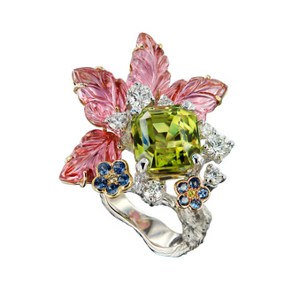 Caratell 'Garden' ring in 7.51ct chrysoberyl, diamonds, sapphires and tourmalines in 18k white gold