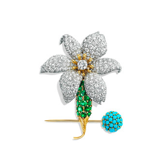 Tiffany & Co 'Schlumberger Orchid' clip brooch with emeralds, turquoise and diamonds in yellow gold