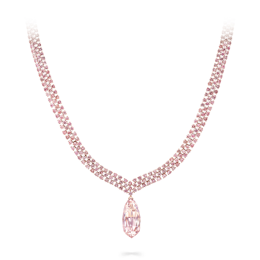Graff necklace with 30.94ct detachable pink diamond briolette  drop and 27ct pink diamonds 