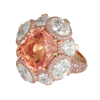 David Morris ring with paradpascha sapphire, diamonds, pink diamonds and 18k white gold