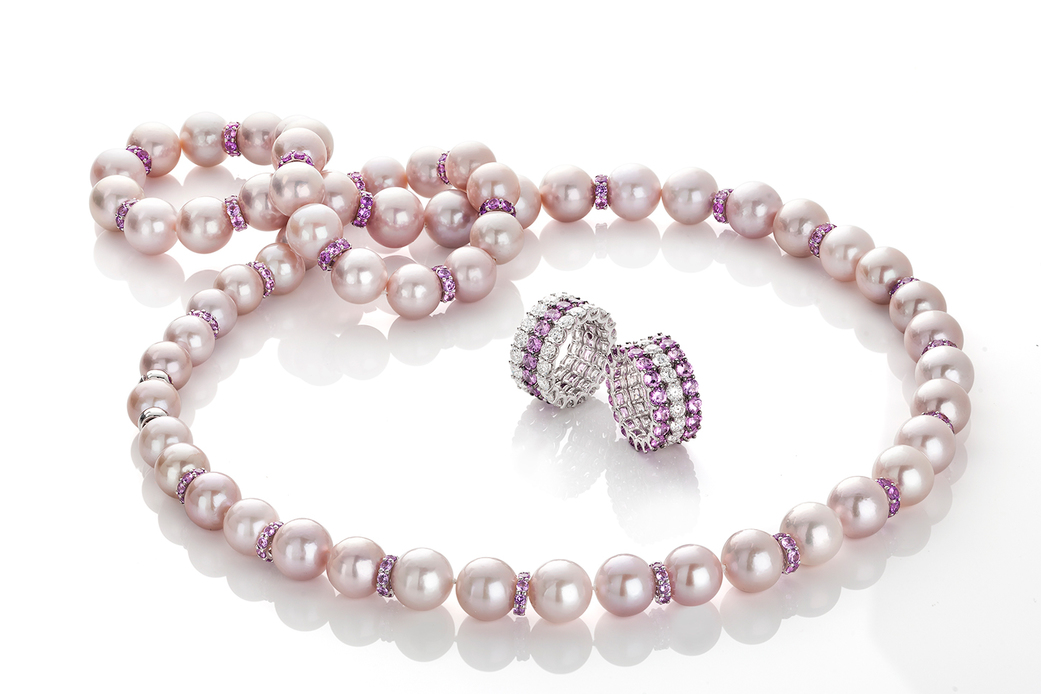 Roberto Coin necklace with pearls, ‘Cento' cut pink sapphires and 18k white gold, and rings with 'Cento' cut diamonds and pink sapphires in 18k white and black gold