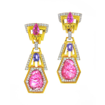Carved tourmalines, sapphires and diamonds earrings in yellow gold from the Colors collection