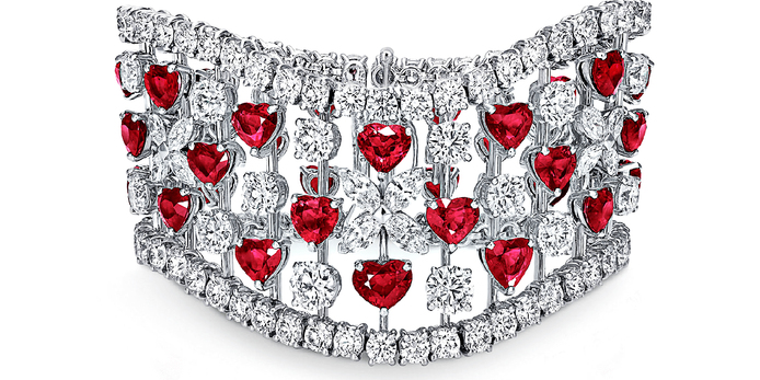 Cuff in fancy cut heart shaped rubies with marquise and brilliant cut diamonds 