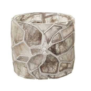 Cuff from the 'Doroob' collection in grey rutilated quartz, diamonds and 18K white gold