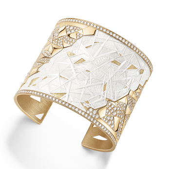 'Golden Sunlight' manchette cuff from 'Sunlight Escape' collection in diamonds, white feather marquetry and 18K yellow gold