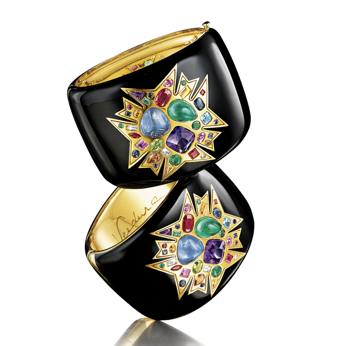 'Theodora' cuff with sapphire, emerald, amethyst, rubies, diamonds, aquamarines, garnets, citrines and peridots in black enamel and 18K yellow gold